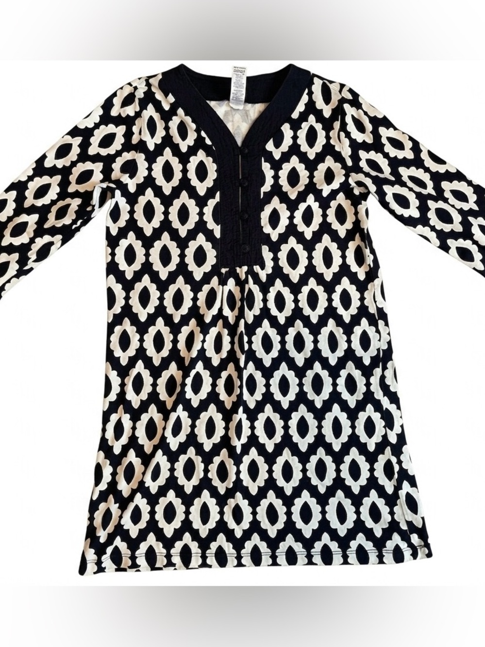 Tea Collection Black Cream Geometric Tile Henley Tunic Dress size 10